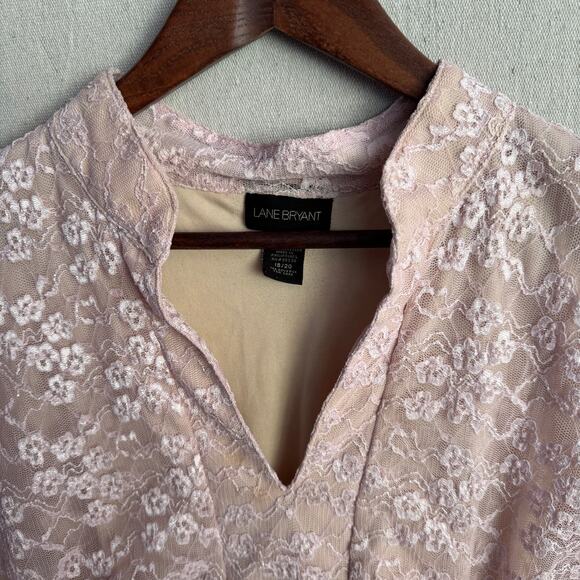 Lane Bryant Blouse Size 18 20 Pink Lace Overlay Layered Beige VNeck Short Sleeve - Picture 3 of 11